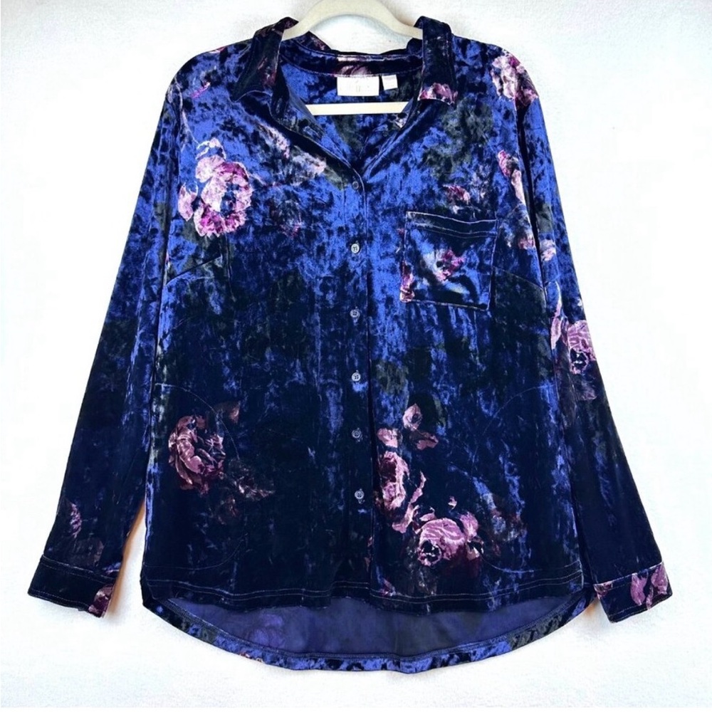 Belle by Kim Gravel Blue Velvet Button Down Shirt Pink & Purple Floral pocket